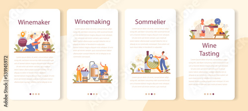 Wine maker mobile application banner set. Wood barrel, bottle of a red