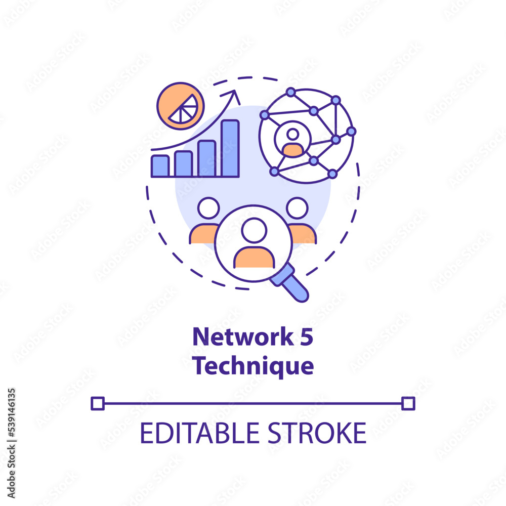 Network five technique concept icon. Random act of kindness. Boost interaction abstract idea thin line illustration. Isolated outline drawing. Editable stroke. Arial, Myriad Pro-Bold fonts used