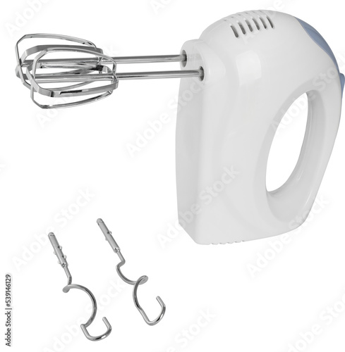 Fotografie white mixer with different nozzles for whipping on a white background close up s