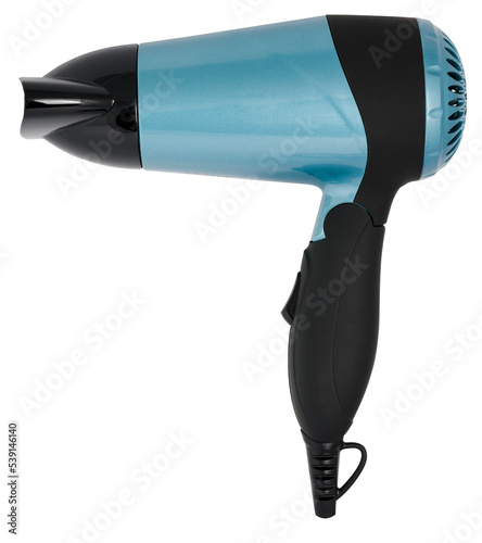 blue hair dryer with black accents side view photo