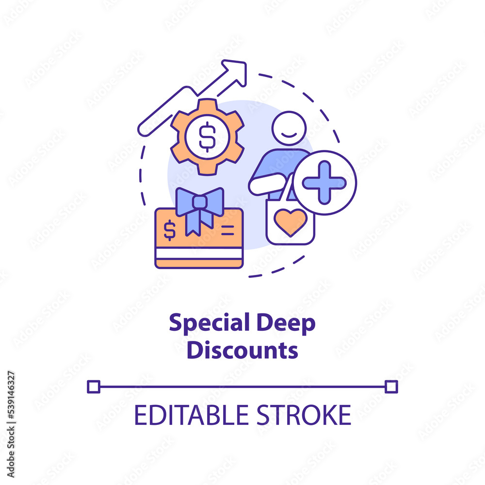 Special deep discounts concept icon. Flash sale. Loyalty program. Exclusivity abstract idea thin line illustration. Isolated outline drawing. Editable stroke. Arial, Myriad Pro-Bold fonts used