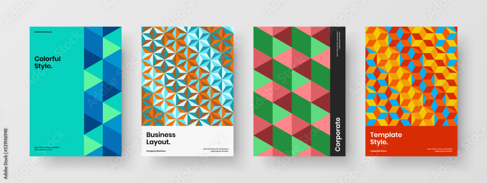 Vivid mosaic shapes leaflet concept set. Unique cover vector design layout collection. Vivid mosaic shapes leaflet concept set. Unique cover vector design layout collection.
