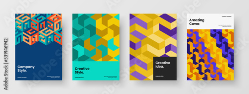 Bright magazine cover vector design template collection. Trendy mosaic shapes corporate brochure concept composition.