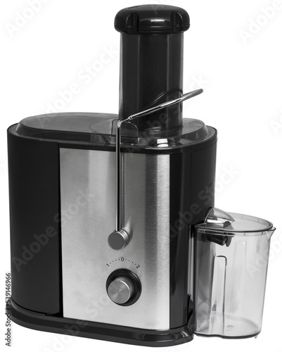 steel metal juicer with black plastic parts close up side view on transparent background