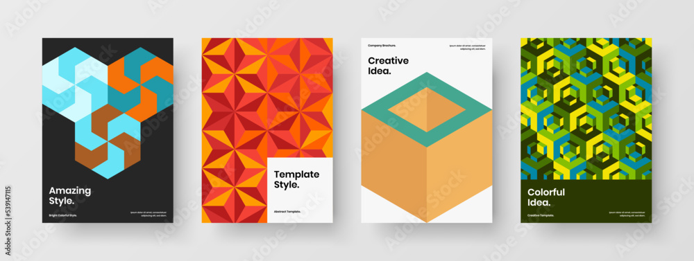 Minimalistic geometric pattern corporate brochure illustration bundle. Original placard A4 vector design template collection.