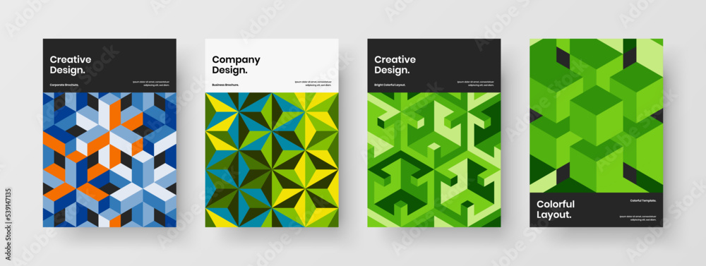 Abstract geometric pattern catalog cover concept bundle. Isolated corporate identity A4 vector design template composition.