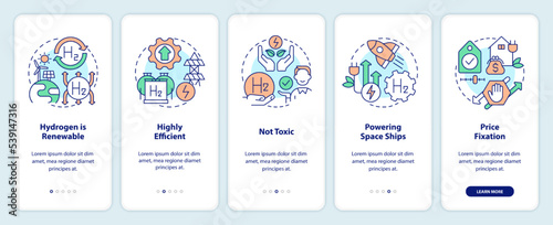Hydrogen energy benefits onboarding mobile app screen. Green fuel pros walkthrough 5 steps editable graphic instructions with linear concepts. UI, UX, GUI template. Myriad Pro-Bold, Regular fonts used