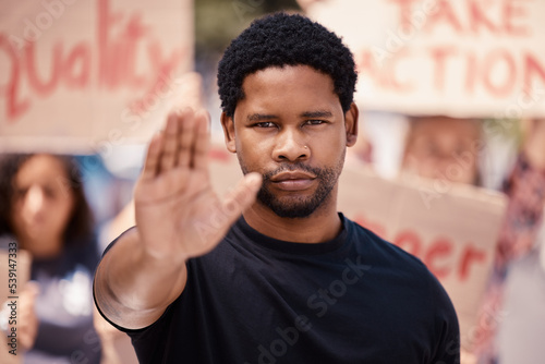 Tableau sur toile Protest, hand and stop with a black man in a demonstration or rally for human rights and equality