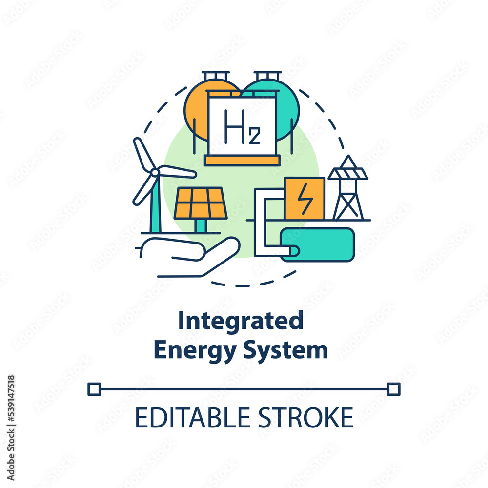 Integrated energy system concept icon. Green deal. United power strategy abstract idea thin line illustration. Isolated outline drawing. Editable stroke. Arial, Myriad Pro-Bold fonts used