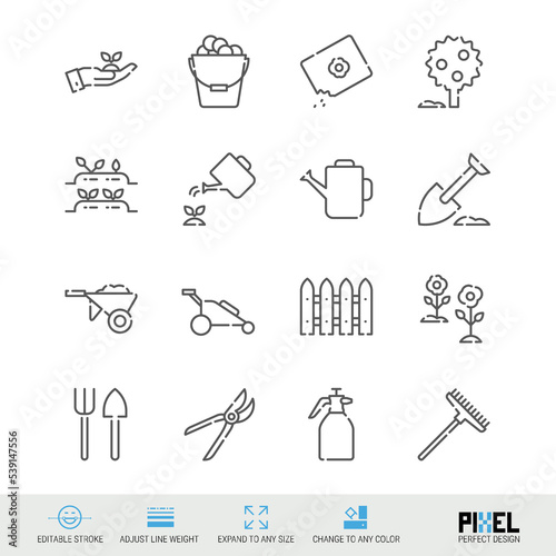 Farm, garden related vector line icon set isolated on white. Pixel perfect design. Editable stroke. Adjust line weight. Expand to any size. Change to any color.