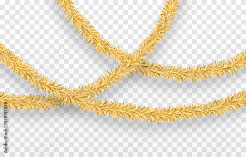 Vector Christmas tinsel. Gold tinsel png, gold garland, decor element. Christmas, holiday.