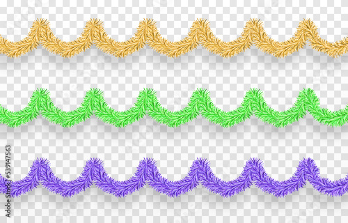 Vector Christmas tinsel. Multicolored tinsel png, golden garland, decor element. Holiday Christmas.