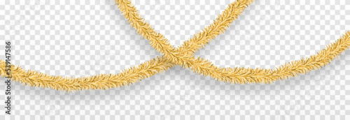 Vector Christmas tinsel. Gold tinsel png, gold garland, decor element. Christmas, holiday.