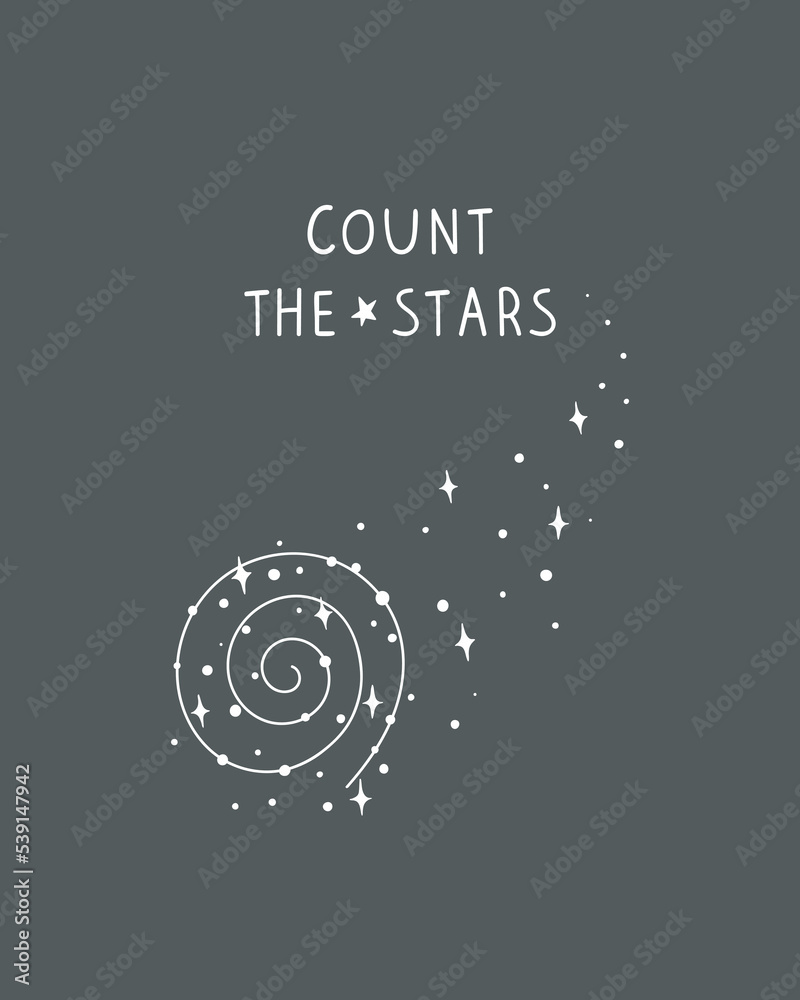 Fototapeta premium Hand drawn space poster with lettering and spiral galaxy