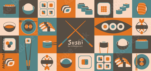 Sushi, Japanese food geometric banner for sushi bar, restaurant e t.c.