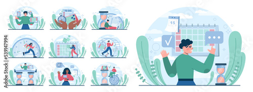 Time management concept set. Business people work day planning,