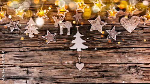 Christmas Still Life with Old Wooden Background and Snowflakes Falling