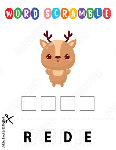 Deer Word scramble . Educational game for kids. English language spelling worksheet for preschool children
