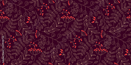 Natural seamless pattern with red Berries and twigs. Floral autumn or winter vector Design for wallpaper, wrapping, scrapbooking, manufacturing. Merry Christmas, Happy New Year Repeated background