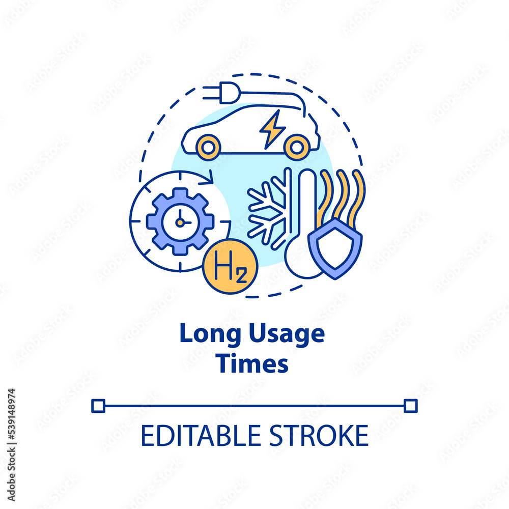 Long usage times concept icon. Carbon free economy. Hydrogen fuel cells advantage abstract idea thin line illustration. Isolated outline drawing. Editable stroke. Arial, Myriad Pro-Bold fonts used