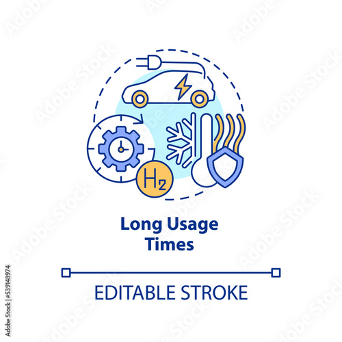 Long usage times concept icon. Carbon free economy. Hydrogen fuel cells advantage abstract idea thin line illustration. Isolated outline drawing. Editable stroke. Arial, Myriad Pro-Bold fonts used