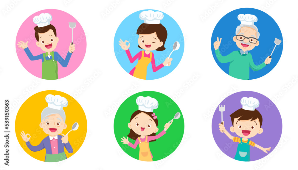 family chef cooking various actions in circle family chef cooking various actions in circle