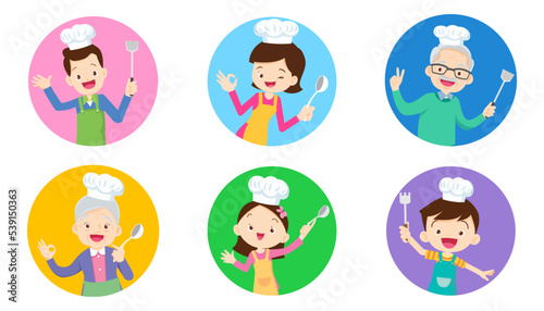 family chef cooking various actions in circle