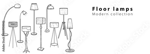Banner, Doodle sketch lamps for the living room, table and floor lamps, hand-painted in different sizes and types, modern and vintage. Vector illustration