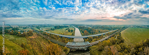 rzeka Odra, granica Polsko - Czeska w Chałupkach na Śląsku, panorama jesienią z lotu ptaka photo