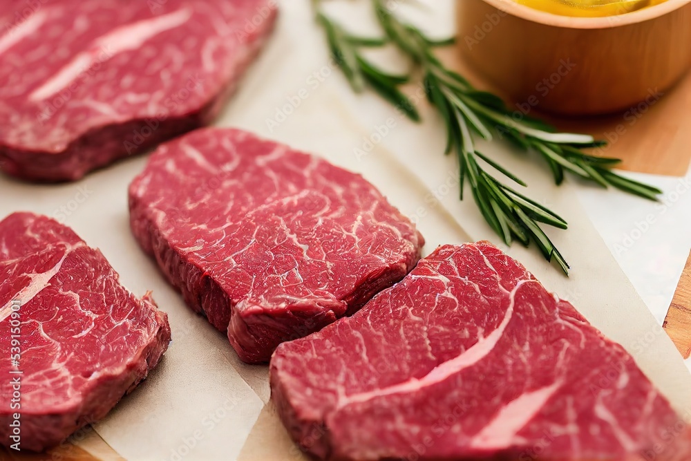 Raw and juicy beef tenderloins and steaks and a sprig of rosemary on