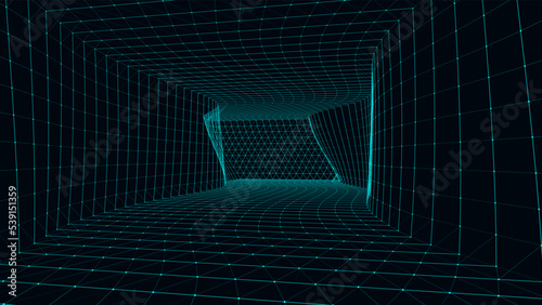 Wireframe room on the blue background. Vector perspective grid. Box with digital space.