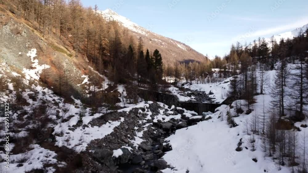 Aerial view Waterfall in winter season, mountain river. Real time 4K Aerial view Waterfall in winter season, mountain river. Real time 4K