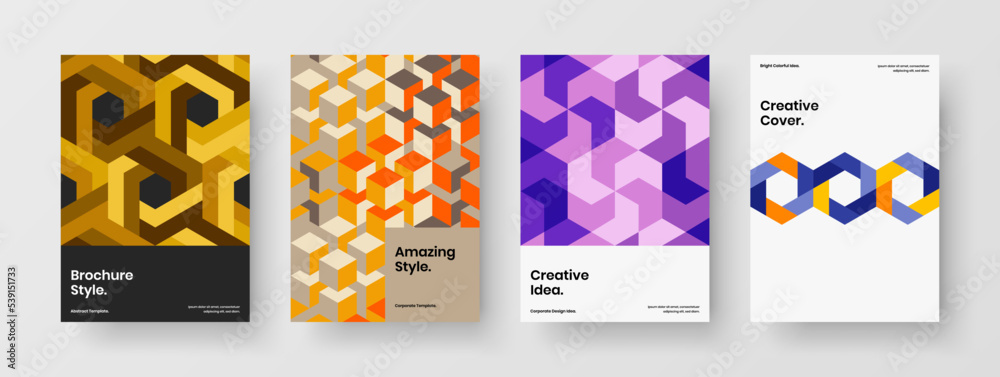 Fototapeta premium Amazing geometric pattern annual report layout bundle. Trendy company cover design vector illustration composition.