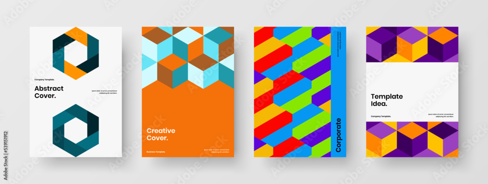 Abstract mosaic shapes postcard layout bundle. Multicolored catalog cover A4 vector design concept set.