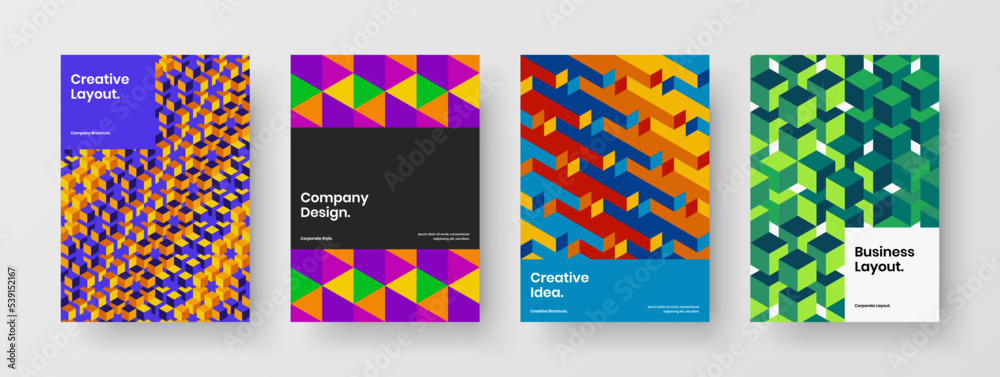 Premium cover design vector template set. Multicolored mosaic hexagons front page concept composition.