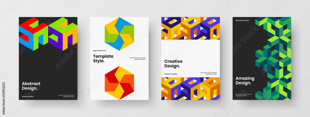 Multicolored mosaic hexagons magazine cover template collection. Simple annual report A4 vector design illustration composition.