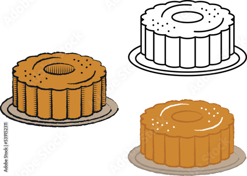 Bundt cake, kuglof or Gugelhupf ring cake. Round sweet dessert vector illustration icon in colorful and black outline photo