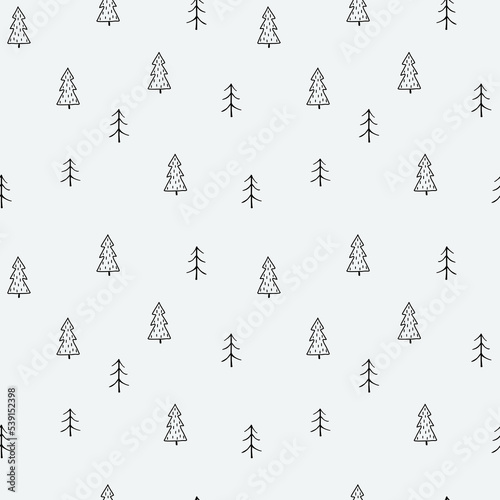 Seamless Christmas pattern with doodle pine fir trees on light gray background. Elegant botanical print in Scandinavian style for holiday product design