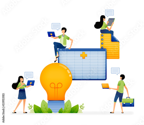 Illustration of ideas for more efficient bookkeeping using accounting software and applications. Designed for website, landing page, flyer, banner, apps, brochure, startup media company