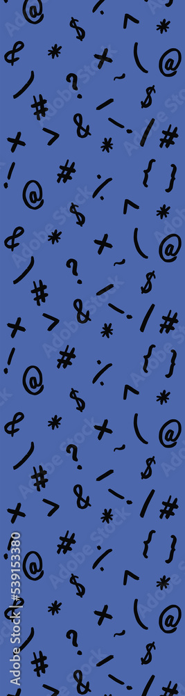 pattern with the image of keyboard symbols. Punctuation marks. Template for applying to the surface. blue background. Vertical banner for insertion into site. pattern with the image of keyboard symbols. Punctuation marks. Template for applying to the surface. blue background. Vertical banner for insertion into site.