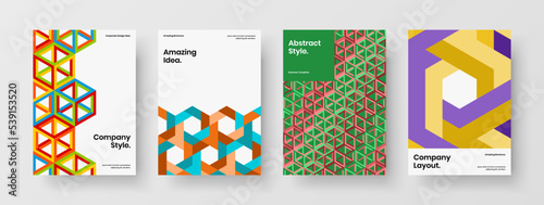Modern presentation design vector concept collection. Clean geometric hexagons journal cover layout bundle.