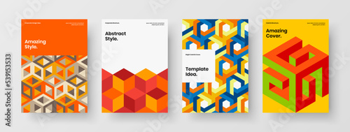 Original mosaic pattern journal cover template set. Amazing company brochure A4 design vector illustration collection.