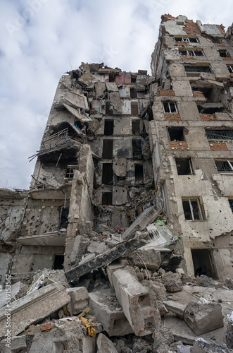 destroyed and burned houses in the city during the war in Ukraine