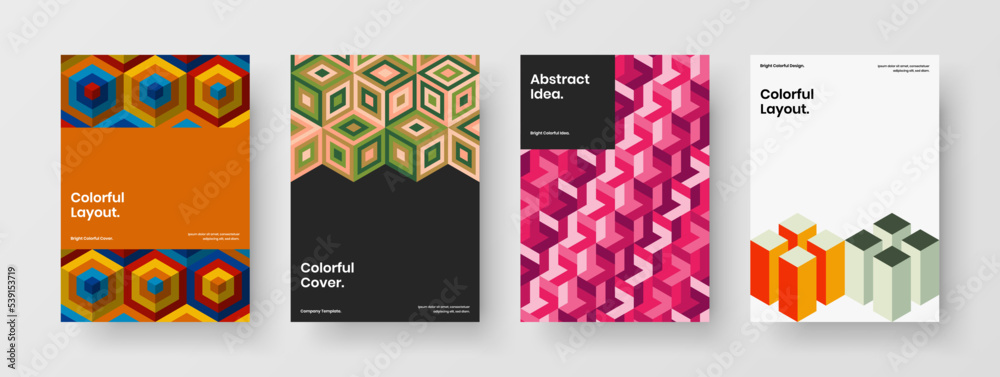 Vivid geometric pattern postcard concept composition. Isolated flyer A4 vector design layout set.