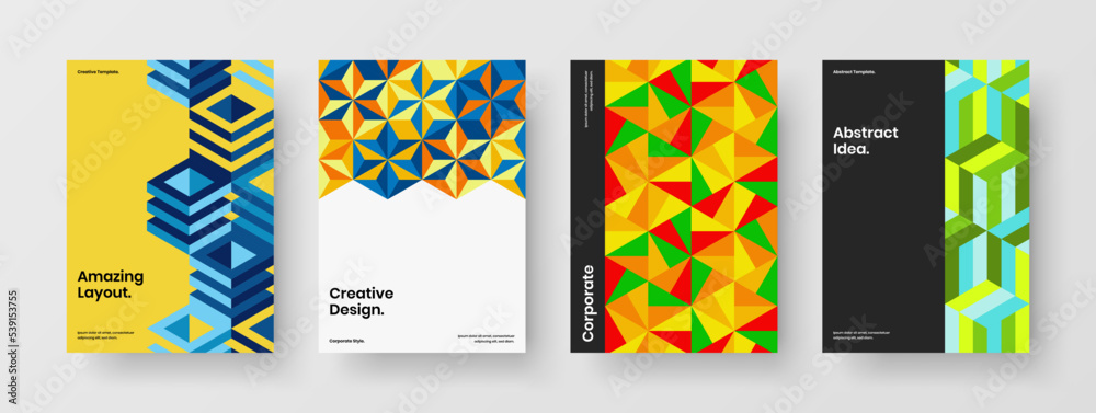 Simple mosaic hexagons book cover template composition. Minimalistic poster design vector concept set.