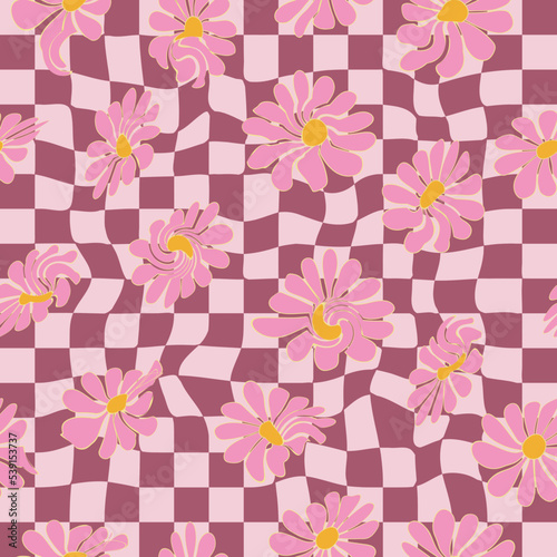Daisy seamless on distorted checkered background