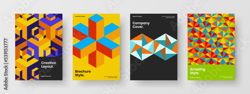 Amazing company cover A4 design vector concept composition. Vivid mosaic hexagons postcard template collection.