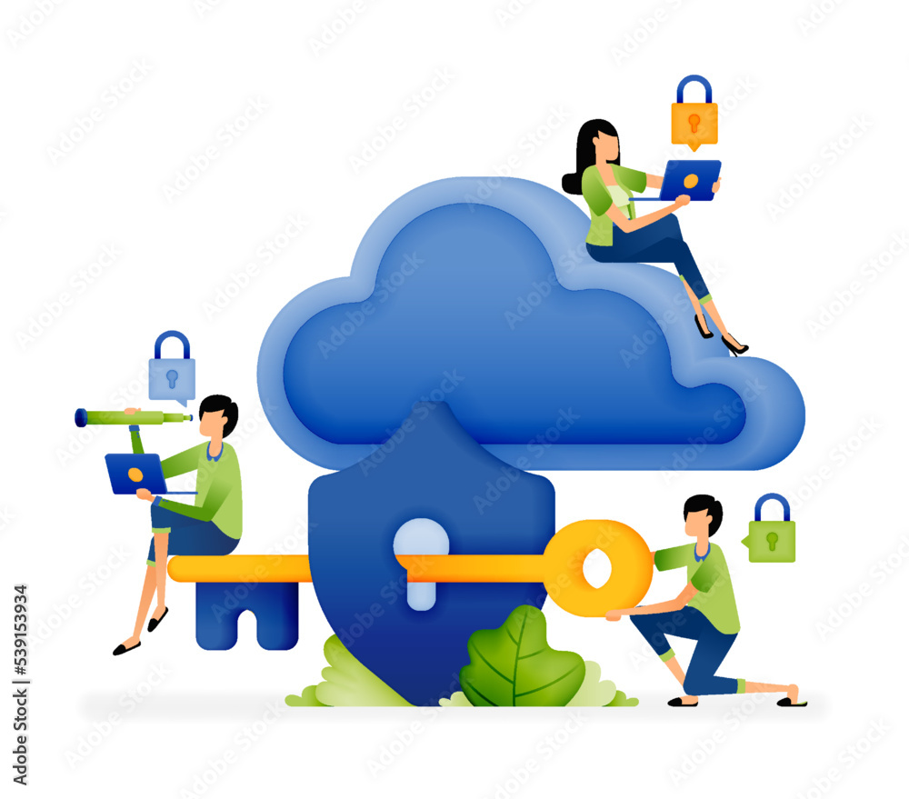 Illustration of people holding keys through shields. Digital computing cloud security. Designed for website, landing page, flyer, banner, apps, brochure, startup media company Illustration of people holding keys through shields. Digital computing cloud security. Designed for website, landing page, flyer, banner, apps, brochure, startup media company