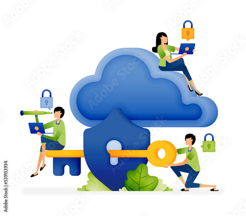 Illustration of people holding keys through shields. Digital computing cloud security. Designed for website, landing page, flyer, banner, apps, brochure, startup media company