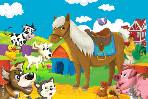 cartoon farm scene with different animals illustration